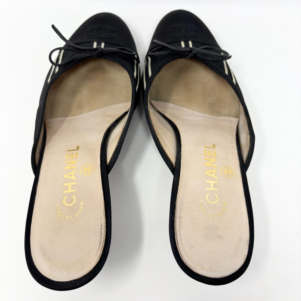 Chanel CC Cap Toe Bow Mules Black Canvas Kitten Heel Size 37.5 Y2K Vintage Satin - Picture 5 of 16